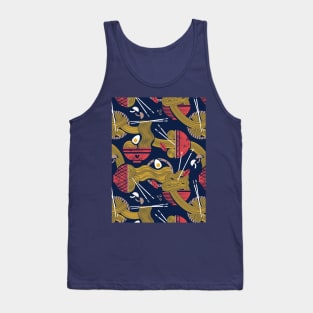 Noodles connection // pattern // midnight blue background teal and red bowls yellow pasta Tank Top